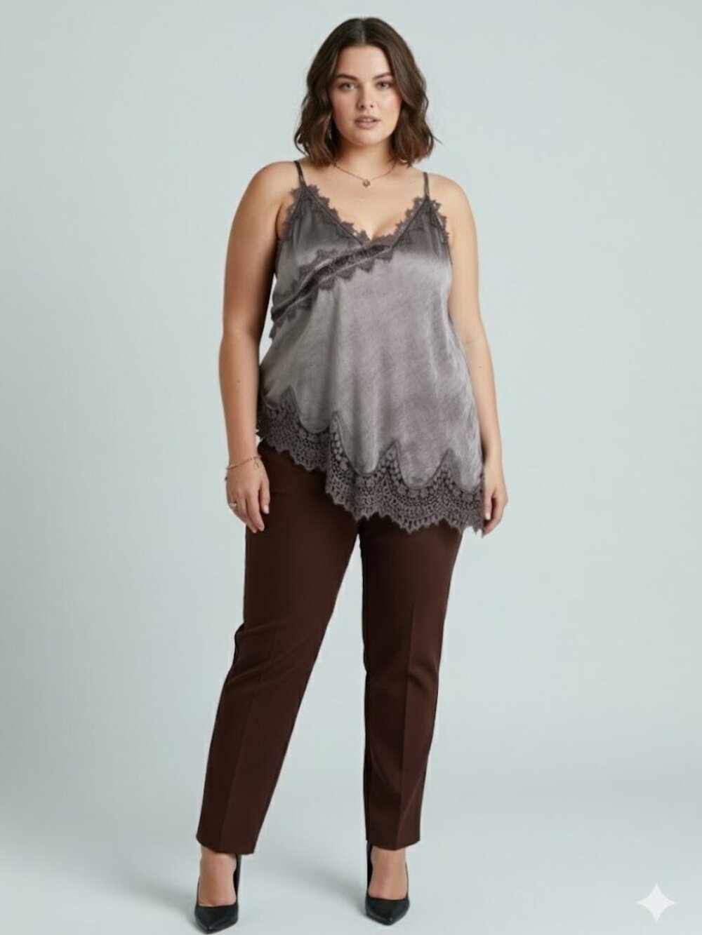 Made in Italy Flowing Satin Top with Elegant Lace Detail Plus Size in Taupe